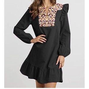 KIRUNDO Women’s black with embrodiey Mini Dress V Neck Bohemia Dress sz Medium
